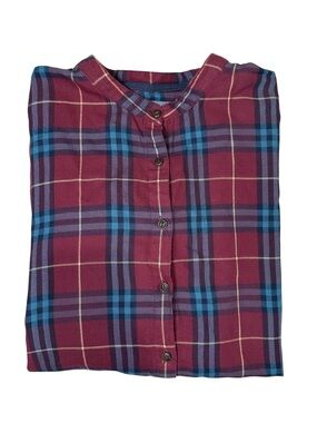 L.L. Bean Women's L Burgundy & Blue Organic Cotton Plaid Button-Down Shirt Tunic